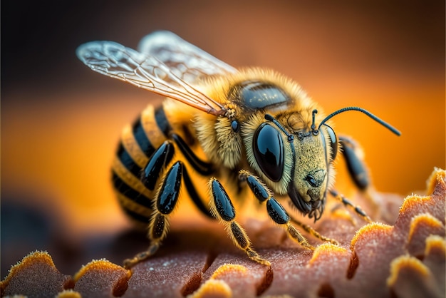 Pszczoła z czarno-żółtymi paskami na pysku