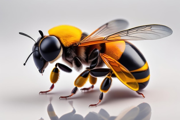 Pszczoła z żółto-czarnym ciałem i czarnymi skrzydłami na białym tle