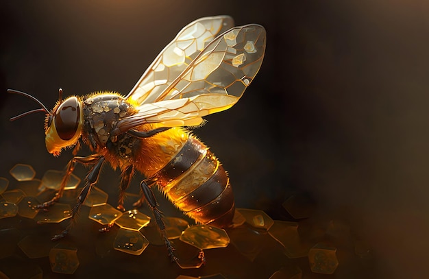 Pszczoła z żółtym ciałem i czarnym tłem