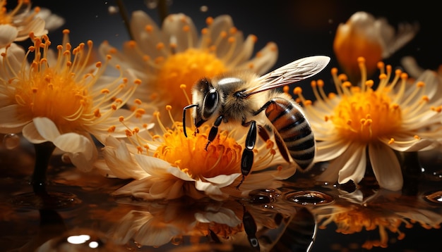 Pszczoła zbiera latem pyłek z żywego kwiatu generowanego przez sztuczną inteligencję
