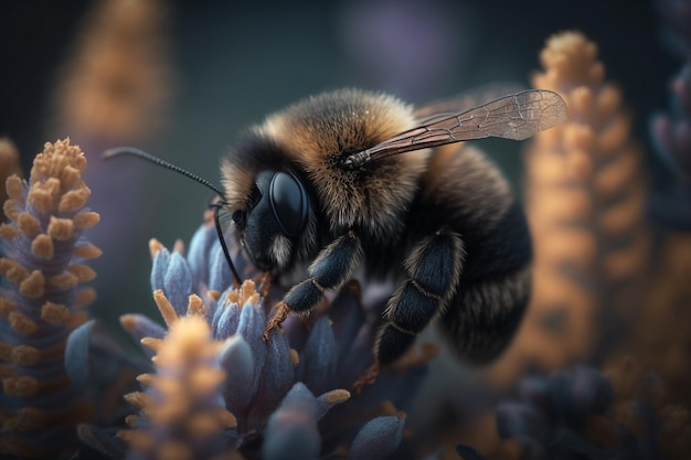 Pszczoła zbiera miód na kwiatach w przyrodzie Zbliżenie pszczoły miodnej karmiącej nektar Wielobarwna kwitnąca letnia łąka Złota bujna kwitnąca łąka dzikich kwiatów z dzikimi ziołami i kwiatami