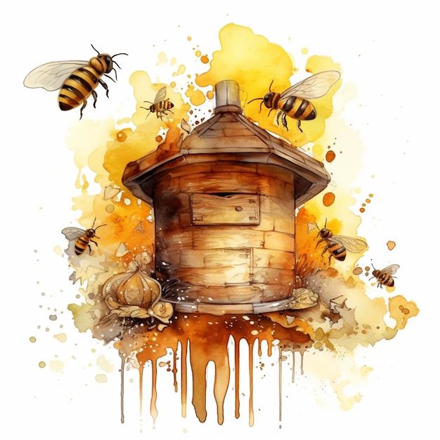 Pszczoły latające wokół ula z miodem, który z niego kapie generatywny ai