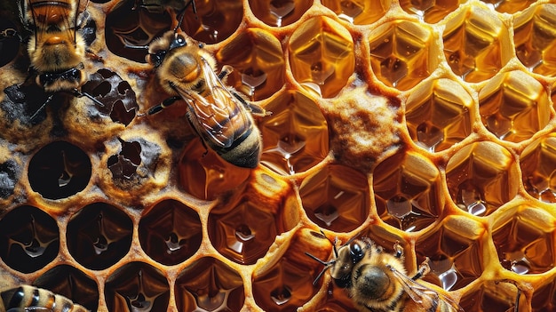 Pszczoły miodowe pracują nad miodowym płatkiem z bliska
