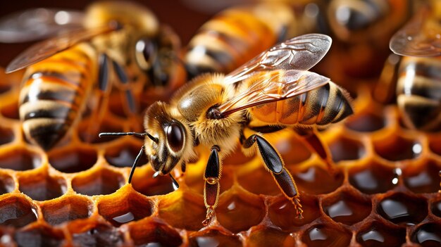 Pszczoły miodowe w zbliżeniu na woskowym pączku z sześciokątnymi komórkami na tle pszczelarza i pszczelni