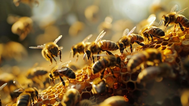 Pszczoły na miodowcu w złotym świetle