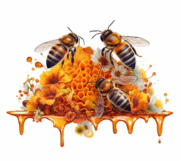 Pszczoły na miodowcu z kwiatami i kropelami miodu generatywne ai