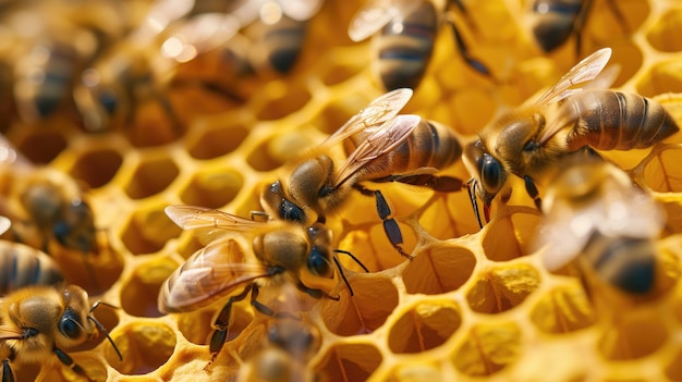 Pszczoły pracujące razem na miodowym płatku w ulach
