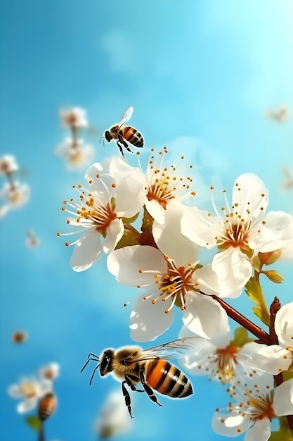 Pszczoły zbierające nektar na kwiatach na tle błękitnego nieba Generative AI