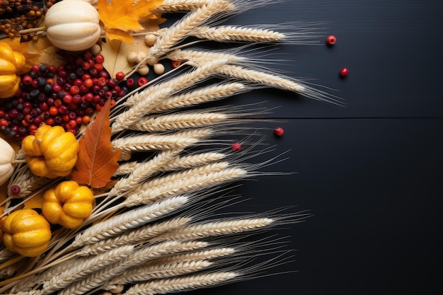 Zdjęcie pszenica kłosy dyni i żurawiny na ciemnym tle na bocznej karcie święta dziękczynienia