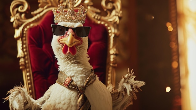 Zdjęcie ptak dodo noszący krawat z koroną i okularami przeciwsłonecznymi siedzący na tronie generative ai
