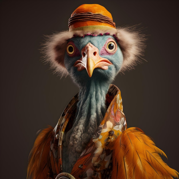 ptak dodo w boho czeskim średniowiecznym stroju hippie z koralikami surrealistycznymi