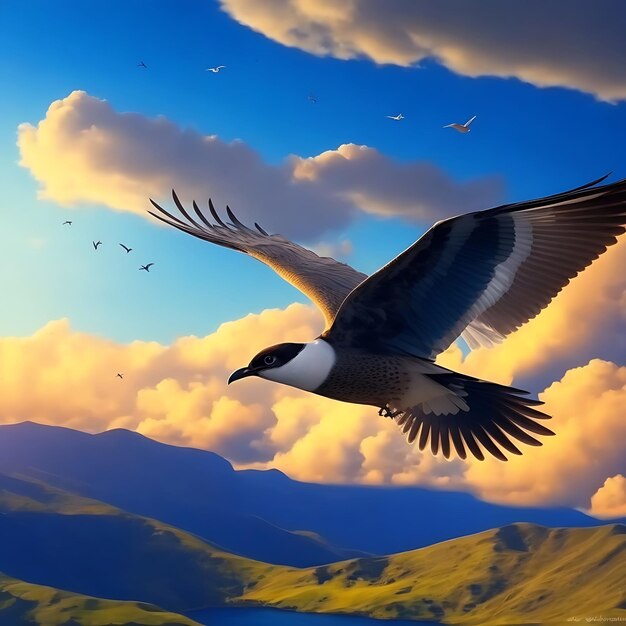 Ptak latający na niebie z chmurami i górami w tle