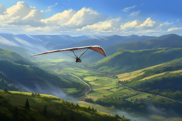 Zdjęcie ptak latający nad doliną z górami i chmurami.