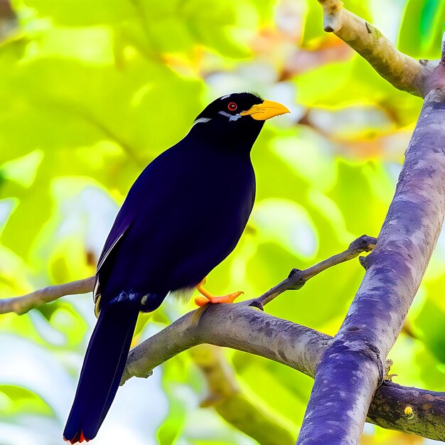 Ptak Myna siedzi na gałęzi drzewa