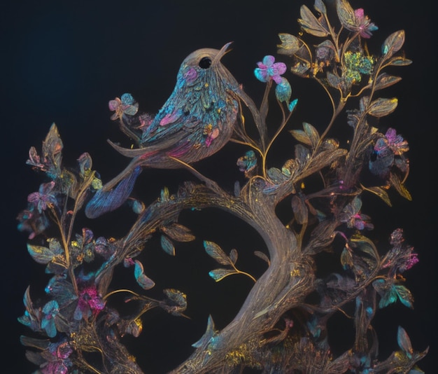 Ptak na gałęzi drzewa z kolorowymi liśćmi w czarnym tle Obraz generowany przez AI