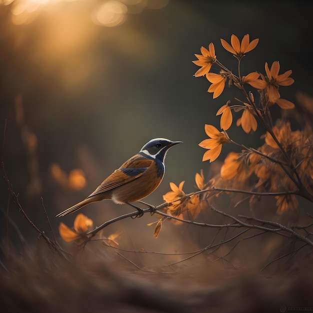Ptak na gałęzi z żółtymi kwiatami w lesie przy zachodzie słońca generatywny ai
