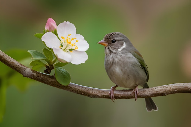 Ptak naturalnej harmonii siedzi w pobliżu kwiatu na spokojnej gałęzi