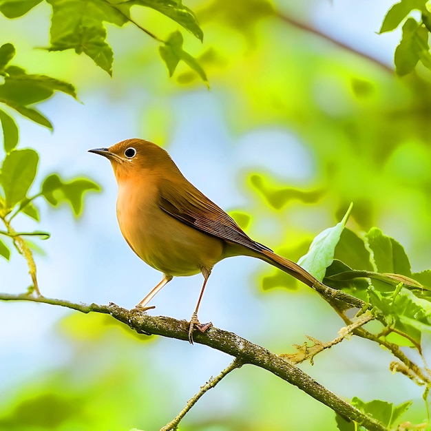 Ptak Nightingale siedzi na gałęzi drzewa