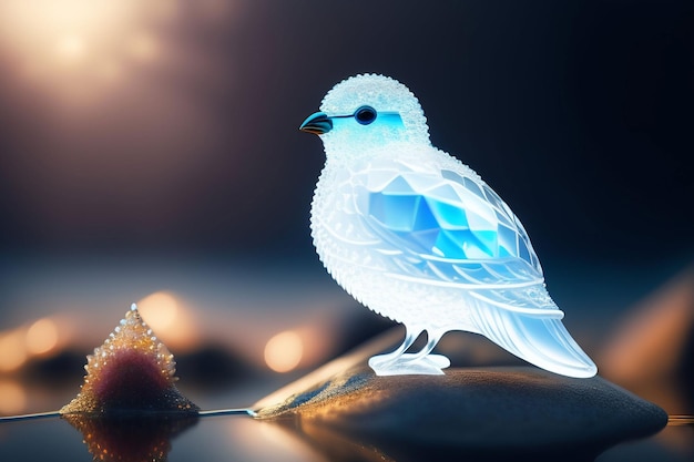 Ptak o niebiesko-białym ciele siedzi na srebrnej powierzchni.