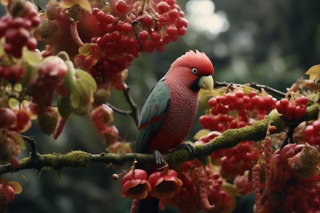 ptak siedzący na gałęzi z jagodami
