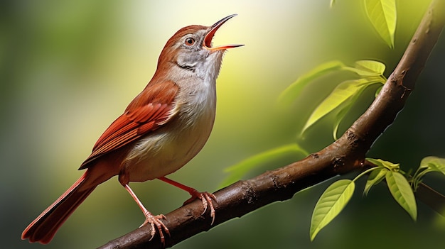 Ptak siedzący na gałęzi z otwartymi ustami