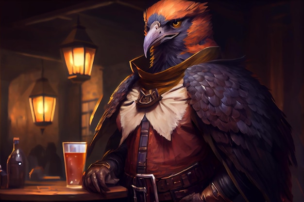 Ptak siedzący na stole obok szklanki piwa generatywnego ai