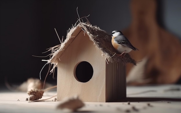 Ptak siedzi na budce dla ptaków ze słomą na dachu.