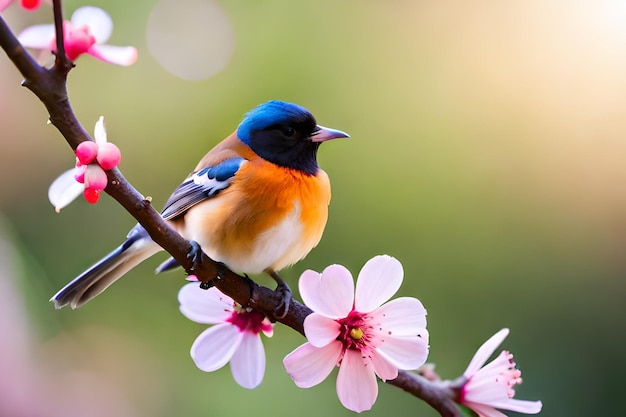 Ptak siedzi na gałęzi drzewa kwitnącej wiśni.