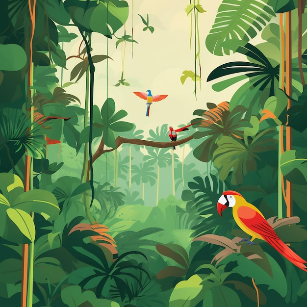 Ptak siedzi na gałęzi w dżungli.