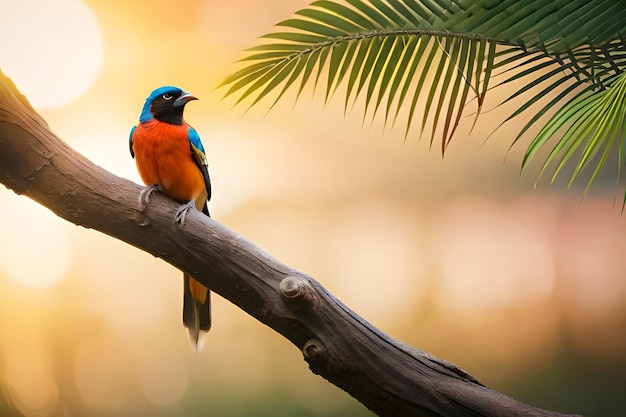 Ptak siedzi na gałęzi w tropikalnym otoczeniu.