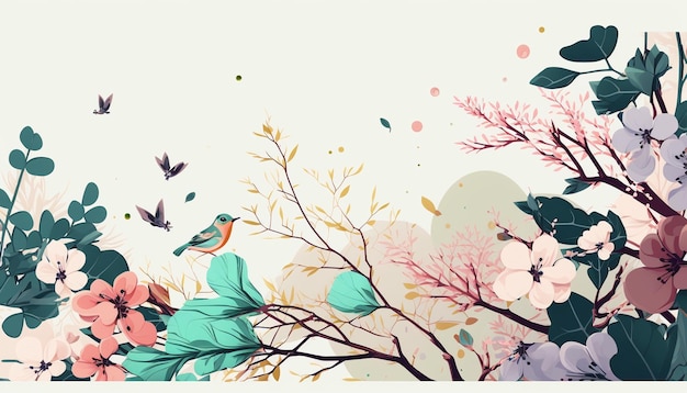 Ptak siedzi na gałęzi z kwiatami i liśćmi.