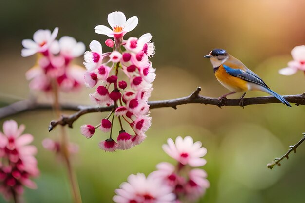 Zdjęcie ptak siedzi na gałęzi z różowymi kwiatami.