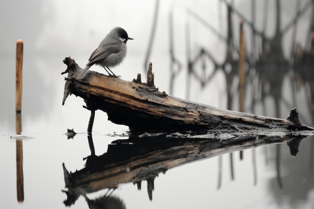 Zdjęcie ptak siedzi na kłodzie w wodzie