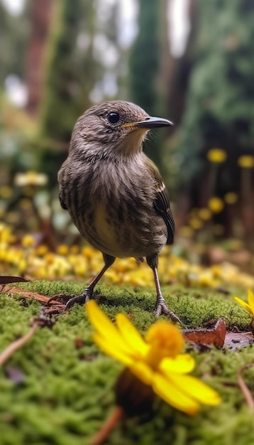Ptak stojący na ziemi pokrytej mchem z żółtymi kwiatami.