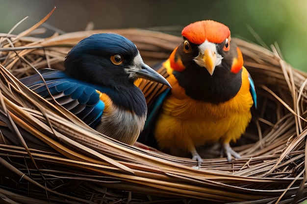 Zdjęcie ptak w gnieździe z niebieskim ptakiem na nim