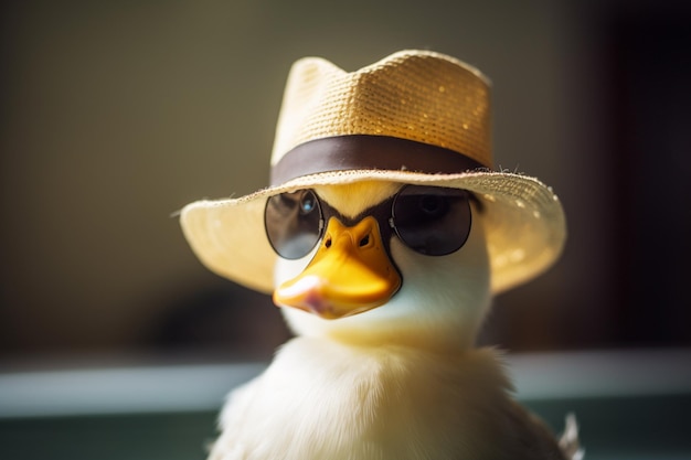 Zdjęcie ptak w kapeluszu i okularach przeciwsłonecznych siedzi w basenie.