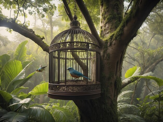 Ptak w klatce na drzewie z ptakem siedzącym w środku, podczas gdy drzwi klatki były otwarte