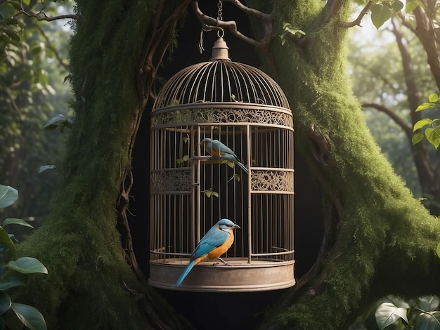 Ptak w klatce na drzewie z ptakem siedzącym w środku, podczas gdy drzwi klatki były otwarte