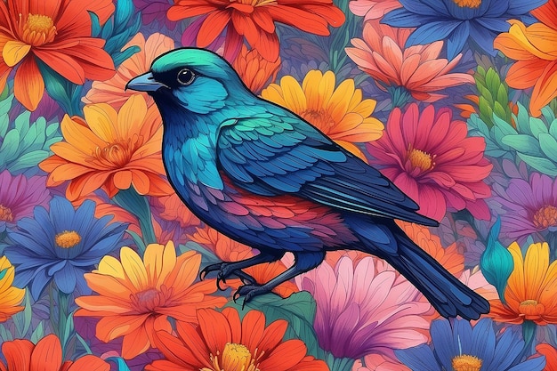 Ptak w kolorowych kolorowych kwiatach generatywny ai