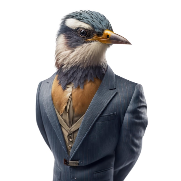 Zdjęcie ptak w niebieskim garniturze i kamizelce z napisem 