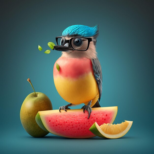 Zdjęcie ptak w okularach i kawałek owocu na nim