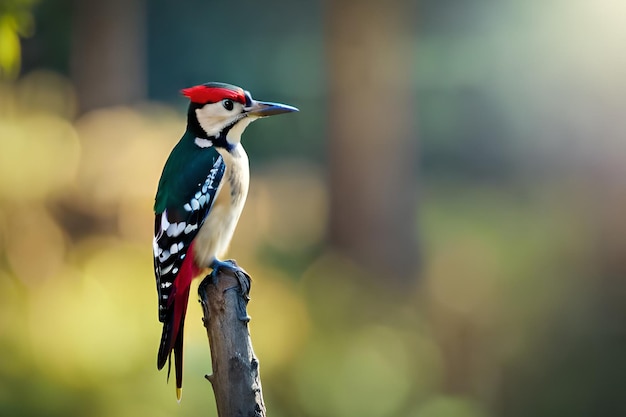 Ptak z czerwono-białą łatą na piersi siedzi na gałęzi.