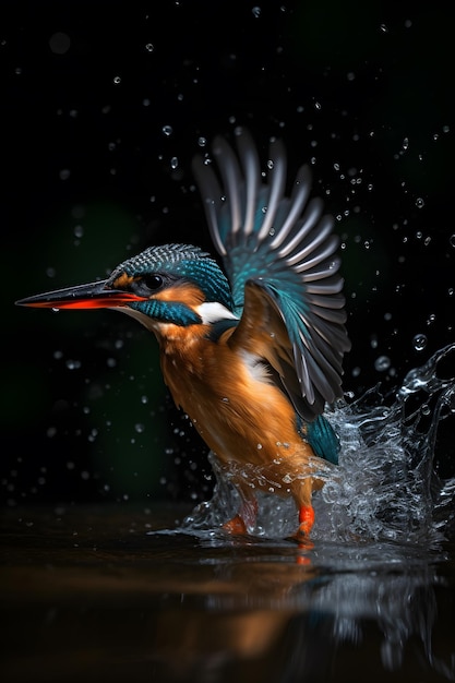 Ptak z długim dziobem i pomarańczowym dziobem ląduje w wodzie