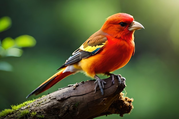 Ptak z jasnoczerwoną głową i czarnym ogonem siedzi na gałęzi.
