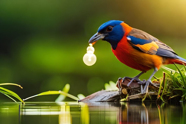 Ptak z jasnoniebieską głową i pomarańczowymi skrzydłami siedzi na gałęzi z żarówką w dziobie.