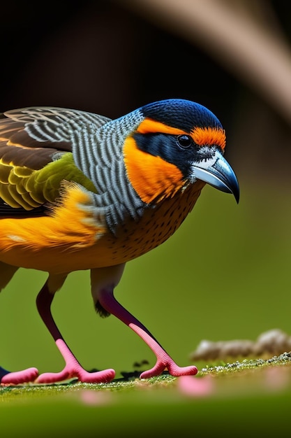 Ptak z jasnopomarańczową głową i niebieskimi oczami chodzi po gałęzi.
