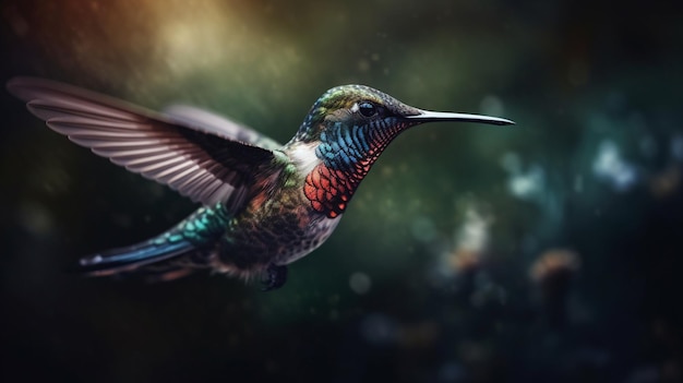 Ptak z kolorową klatką piersiową i skrzydłami z napisem „koliber”.