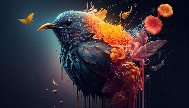 Ptak z kolorowym tłem i czarny ptak z pomarańczowymi i żółtymi kwiatami.
