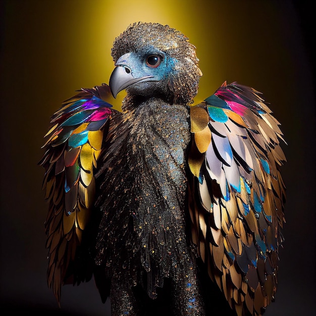 Ptak z kolorowymi piórami oraz złotymi i czarnymi piórami.