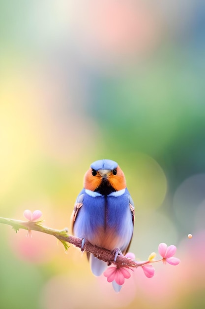Ptak z niebieską głową i pomarańczowym brzuchem siedzi na gałęzi z różowymi kwiatami w tle.